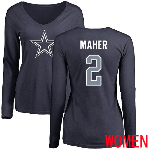 Women Dallas Cowboys Navy Blue Brett Maher Name and Number Logo Slim Fit #2 Long Sleeve Nike NFL T Shirt
